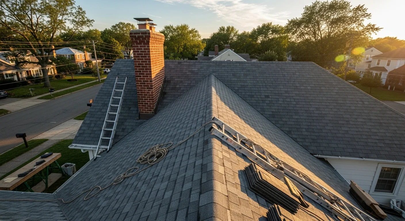 Roofing contractor installing new roof on residential home
