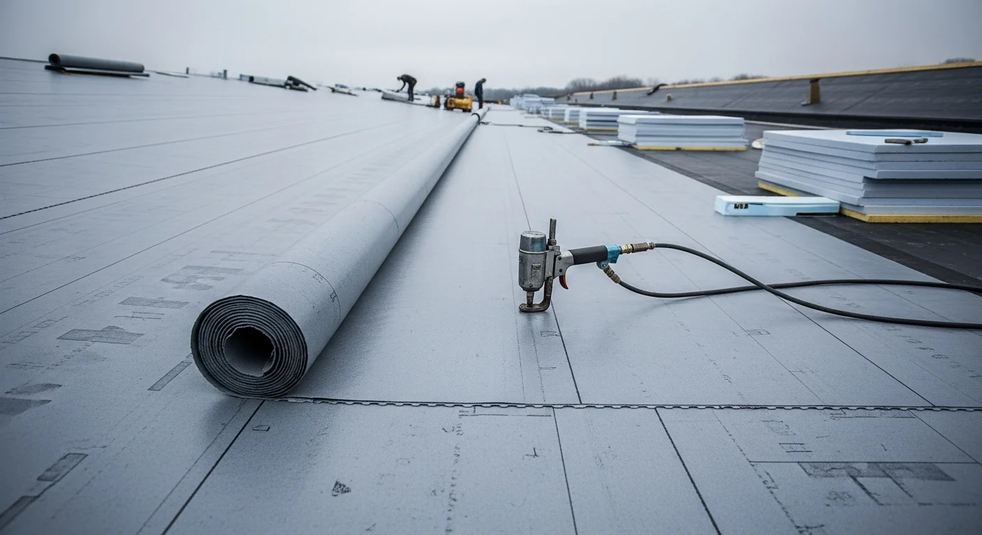 A completed commercial flat roof installation on a low-slope office building in Bucks County, PA, showing a clean membrane surface with sealed flashings and rooftop mechanical equipment. TJ Martin Inc commercial roofing work on a Bucks County warehouse, with a newly installed roof system visible across the full building span.