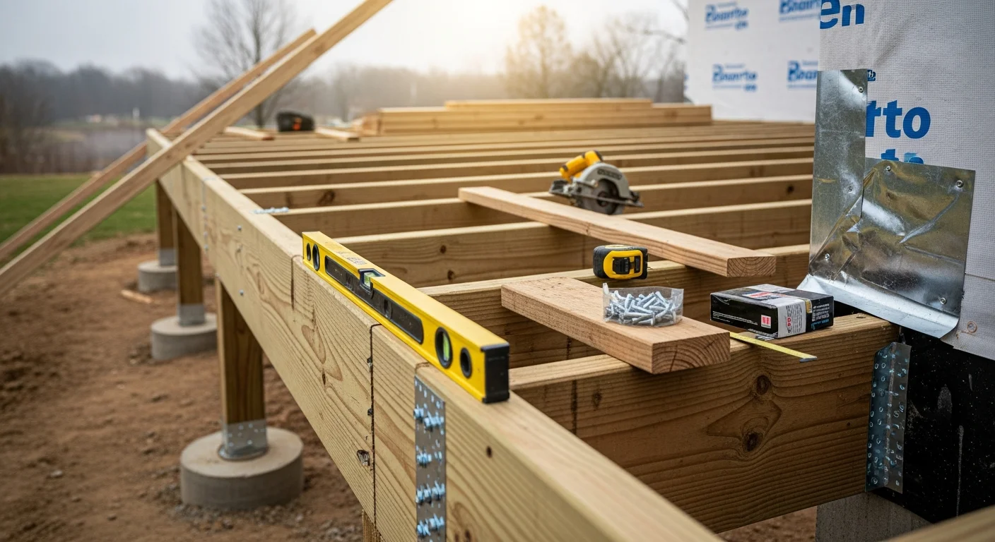 A newly constructed wood deck attached to the back of a two-story home in Bucks County, PA, with a stair landing and railing system. The deck extends over a sloped backyard with mature trees visible in the background.