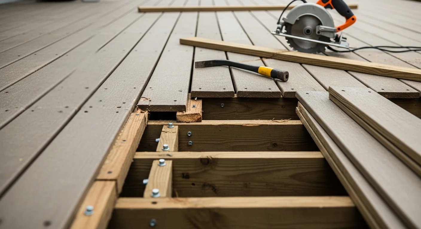 A repaired residential deck in Bucks County, PA, showing replaced surface boards and secure railings on a single-family home. Work completed by TJ Martin Inc, a deck and patio builder serving all of Bucks County.