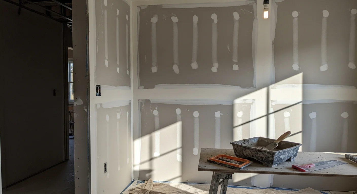 A freshly finished drywall ceiling and walls in a Bucks County home addition, showing smooth, paint-ready surfaces with clean corner bead and no visible seams. A general contractor reviews the completed installation before the painting phase begins.