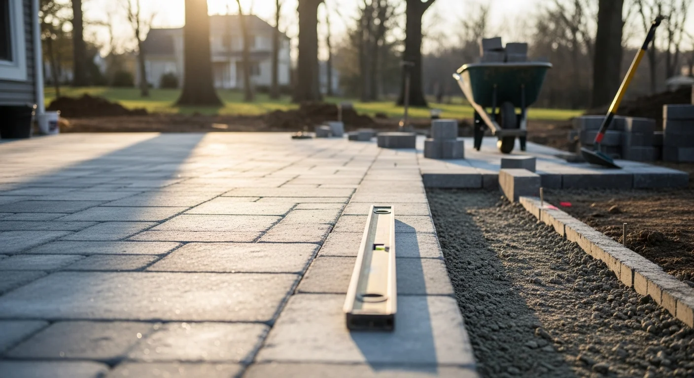 A finished paver patio and stone retaining wall installed by TJ Martin Inc in a Bucks County, PA backyard. The hardscape includes a level seating area built on a sloped lot with clean edge work and integrated steps.