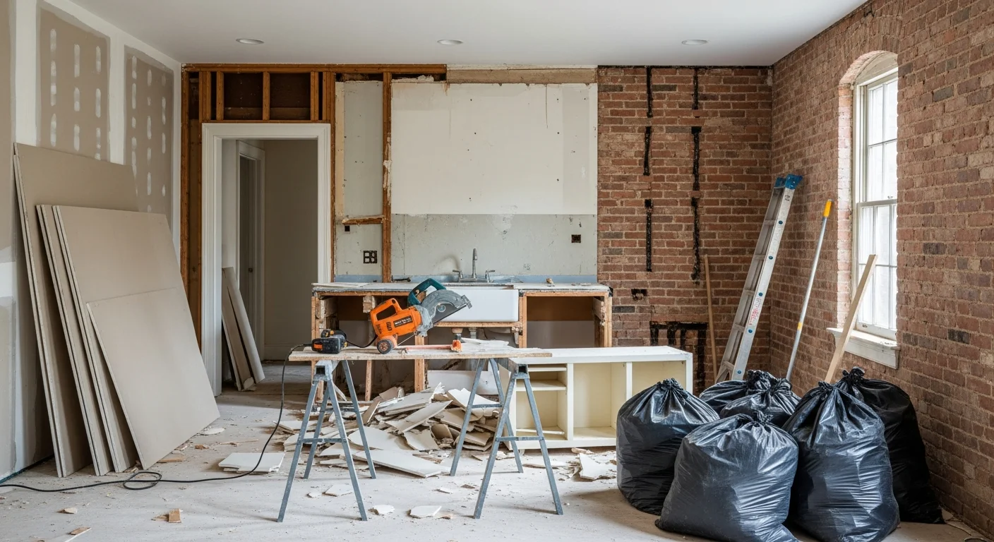 Interior demolition in progress inside a Bucks County home, with drywall and flooring removed down to the framing. The space is cleared and ready for the next phase of renovation.