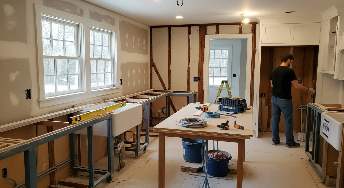 A finished kitchen remodel inside a Bucks County, PA home, showing updated cabinetry, new countertops, and recessed lighting. The space reflects a layout redesign completed by TJ Martin Inc for a residential property in the area.