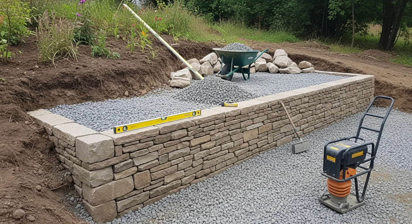 A newly constructed multi-course retaining wall holding back a sloped backyard on a residential property in Bucks County, Pennsylvania. The wall runs along the base of a grade change and creates a flat outdoor area behind a deck.