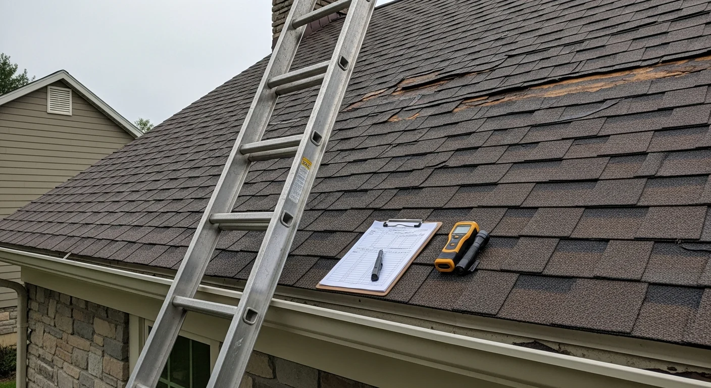 A TJ Martin Inc roofing contractor inspecting shingles and flashing on a residential roof in Bucks County, PA. Close-up view of the roof surface showing granule wear and chimney flashing detail on a mid-century home.