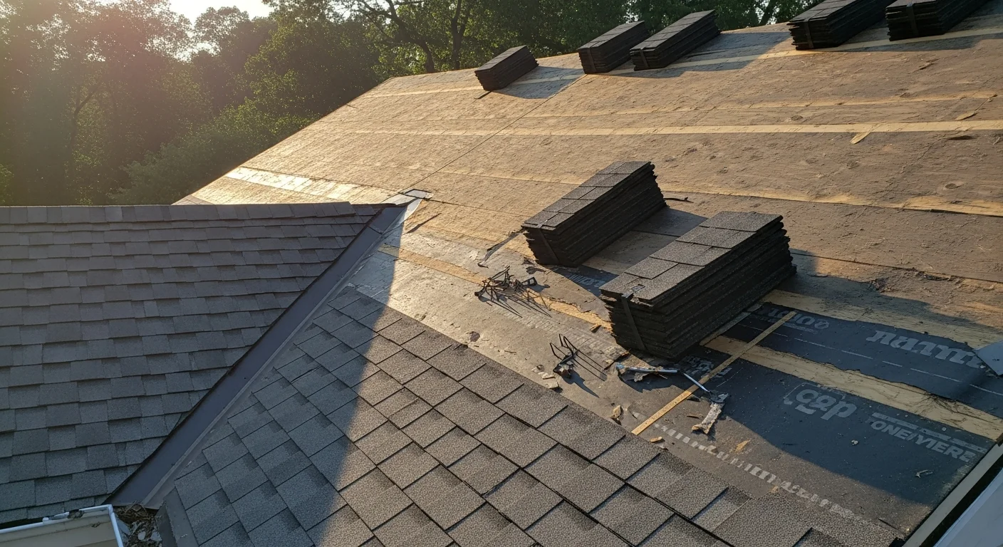 A completed residential roof installation on a two-story colonial home in Bucks County, PA, showing new architectural shingles, replaced flashing at the chimney, and clean ridge line against a clear sky. The home sits in a typical Bucks County neighborhood with mature trees visible in the background.