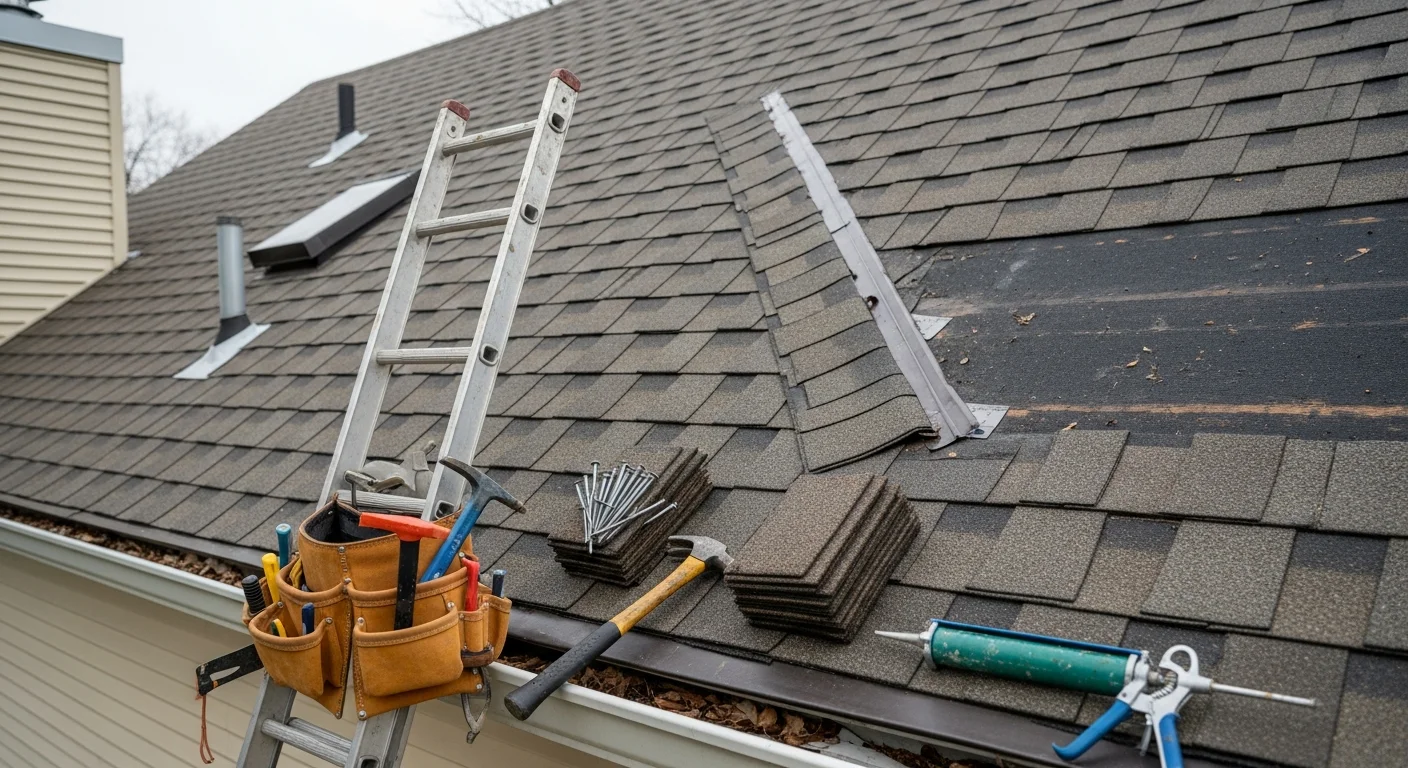 A roofing contractor repairing damaged shingles and flashing on a residential home in Bucks County, PA. Close-up view shows replaced shingles along a roof valley with a suburban neighborhood visible in the background.