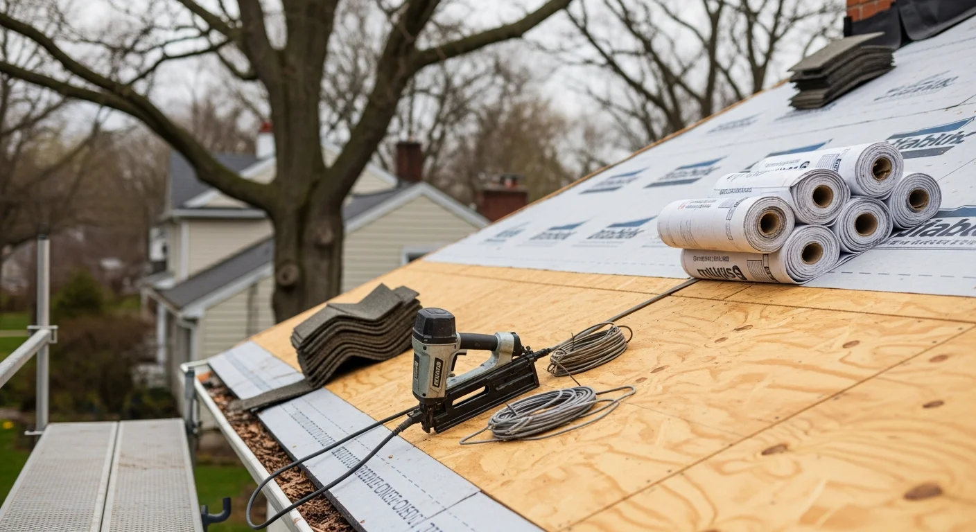 A completed roof replacement on a two-story colonial home in Bucks County, PA, showing new architectural shingles, clean ridge lines, and finished flashing at the chimney. The surrounding yard is clear of debris following the TJ Martin Inc installation.