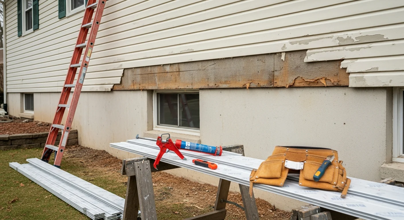 A Bucks County single-family home exterior showing freshly repaired siding panels along the front facade, with clean seams and no visible gaps or cracking. The repaired section blends with the surrounding original panels on a mid-century residential property.