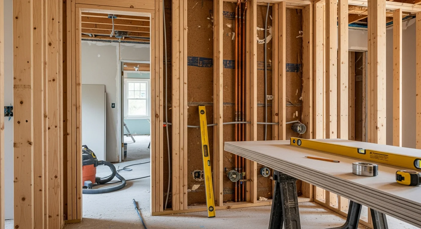A fully renovated single-family home interior in Bucks County, PA, showing an open-concept kitchen and living area with new flooring, updated cabinetry, and fresh drywall throughout. The renovation reflects the scale of a total home remodel managed by a general contractor across multiple rooms and systems.
